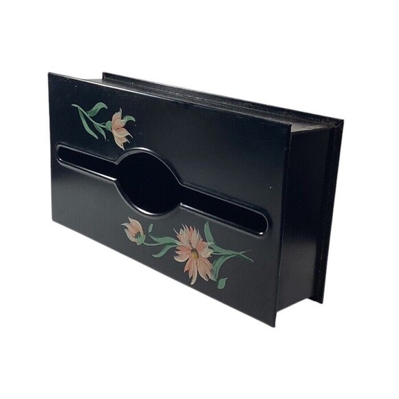 Toleware Black Metal Tissue Box Hand Painted Pink White Flowers Vtg 10.5 in - Picture 5 of 7